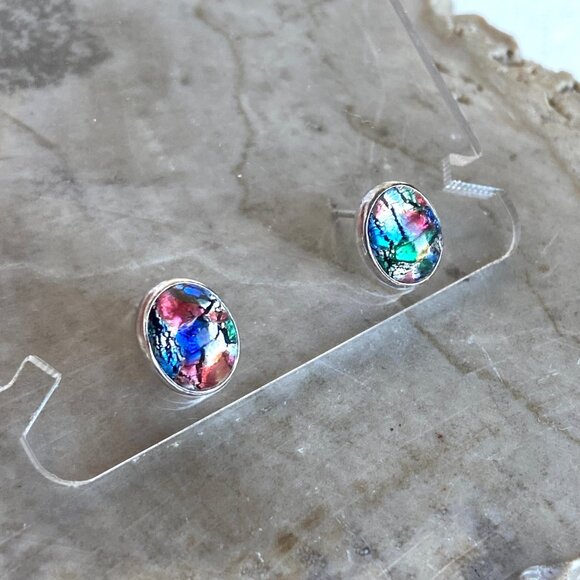 Sterling Silver 925 Dainty Oval Dichroic Glass Cabochon Stud Earrings - Picture 4 of 16